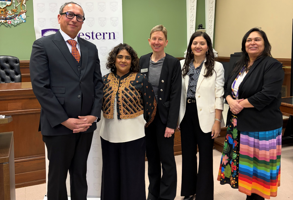 (l-r) Dean Mohamed Khimji; Justice Renu Mandhane; Prof. Erika Chamberlain; Yola Ventresca, Managing Partner, Lerners; Betsy Kechego, Elder from Chippewas of the Thames First Nation